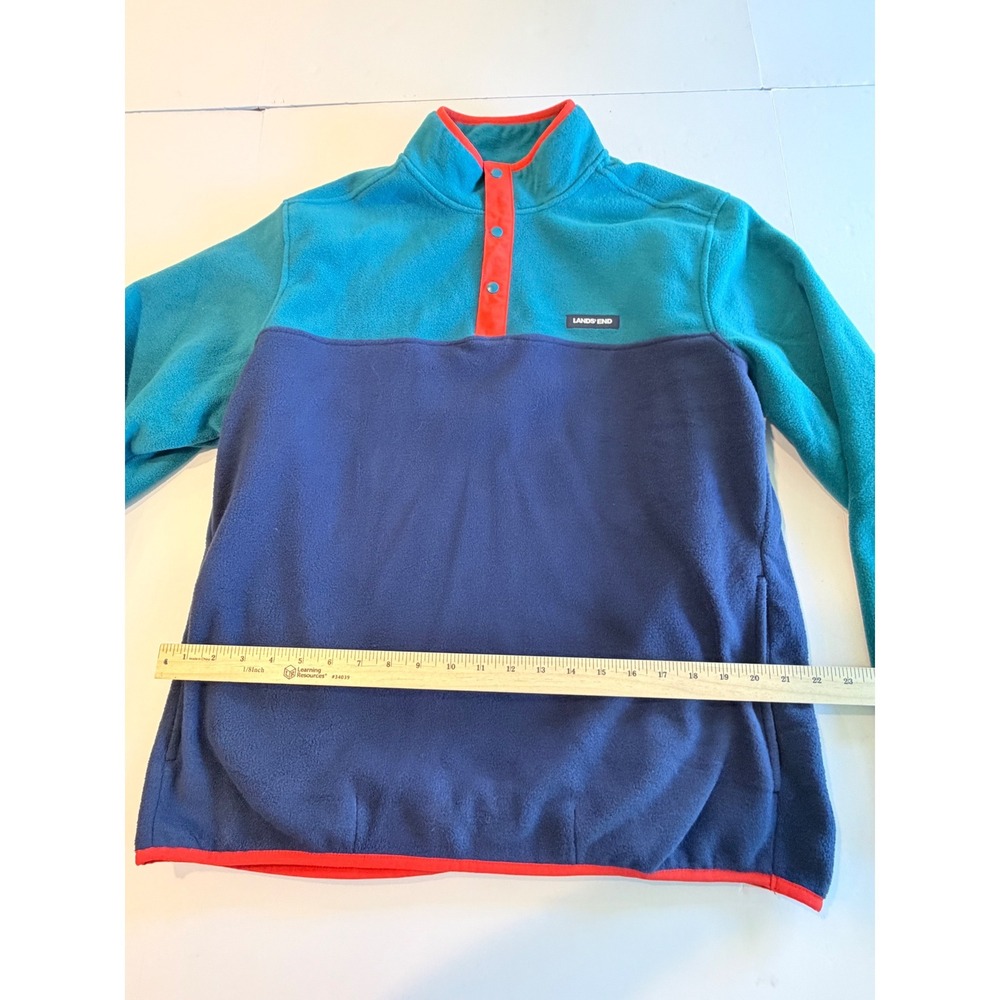 Lands End Mens Fleece Pullover Colorblock Snap Neck Teal Navy Red Large L 42-44 - Picture 4 of 6